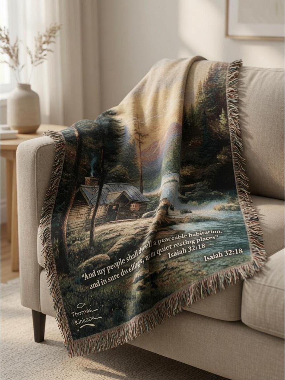 Thomas Kinkade Evening Forest Cabin Tapestry Throw Blanket Isaiah 32:18